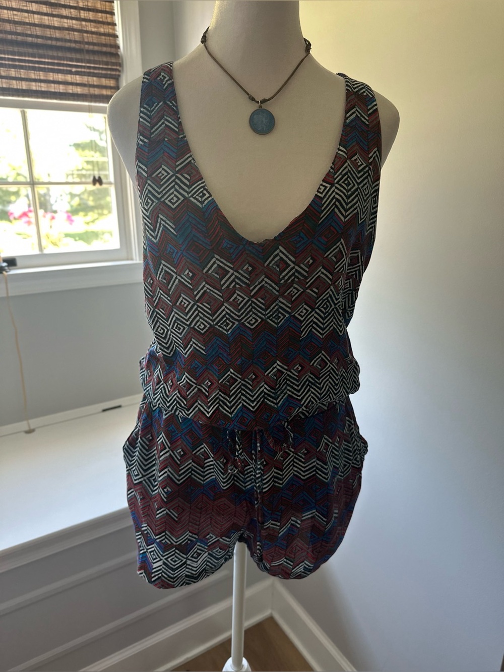 Ella Moss Sleeveless Geometric Print Romper in Blue, Burgundy and Black